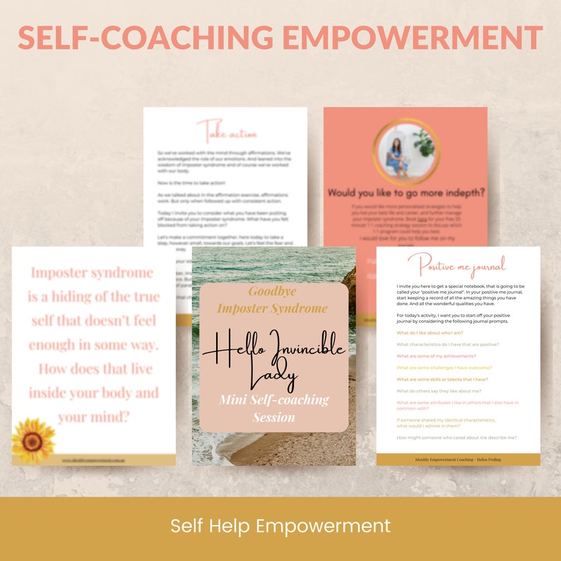 Puede incluir: Una colecci&oacute;n de materiales de autoayuda sobre empoderamiento. La imagen presenta varias tarjetas con texto como "Imposter Syndrome" y "Positive Me Journal". La paleta de colores incluye melocot&oacute;n, blanco y dorado, con un gr&aacute;fico de girasol.