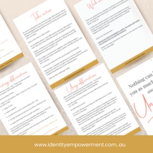 Puede incluir: Varias p&aacute;ginas impresas con texto y t&iacute;tulos en tonos melocot&oacute;n y dorado. Las p&aacute;ginas est&aacute;n en &aacute;ngulo, con la direcci&oacute;n del sitio web www.identityempowerment.com..au visible en la parte inferior. El texto incluye las palabras "Take action" y "Using affirmations".