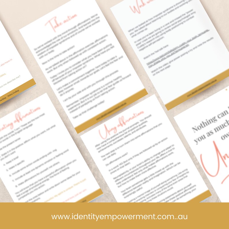 Puede incluir: Varias p&aacute;ginas impresas con texto y t&iacute;tulos en tonos melocot&oacute;n y dorado. Las p&aacute;ginas est&aacute;n en &aacute;ngulo, con la direcci&oacute;n del sitio web www.identityempowerment.com..au visible en la parte inferior. El texto incluye las palabras "Take action" y "Using affirmations".