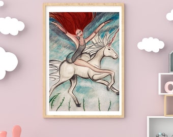 Unicorn Art Print: Fantasy Girl Riding Unicorn, Kids Room Decor