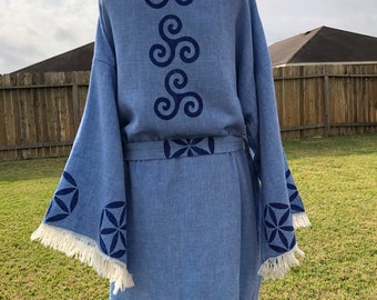 Ethnic Kaftan, Kimono Robe, Beach Robe, Cover Up, Morning Robe, Backstage Robe, Meditation Robe, Natural cotton, Raw cotton, Unique, Fringe