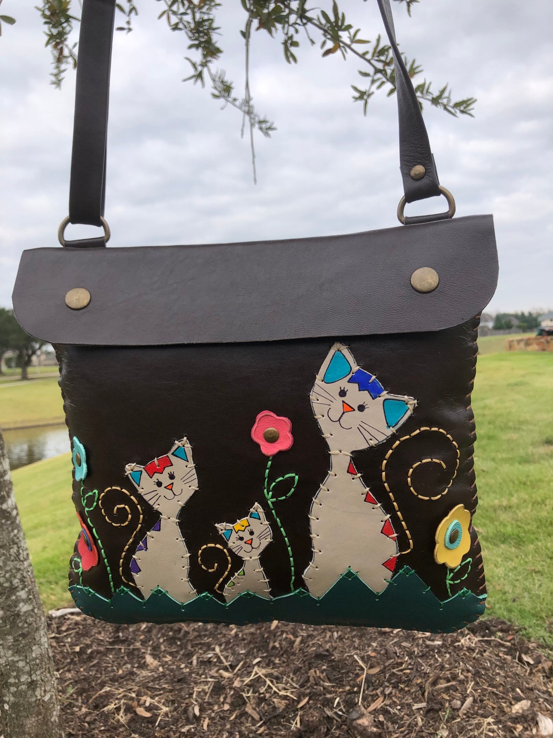 Handmade, Leather, Cat Family Crossbody Bag, Designer Bag, Soft Leather ...