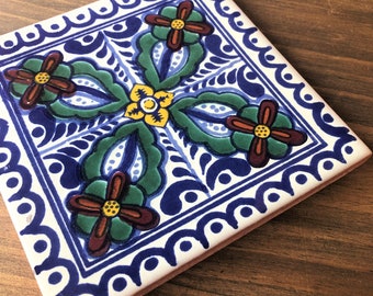 Mexican Tile Hot Pot Holder, Talavera Tile Hacienda Style Trivet Hot Pad