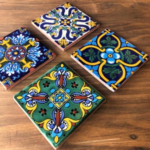 Cute Coasters Mexican Tile Set of 4 - Hacienda Style Talavera Decor - Two of a Kind Coaster Set