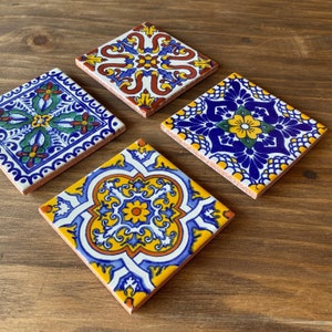 Mexico Tile Coasters, Hacienda Style Decor Talavera Tile Coasters Set of 4 Random Mixed