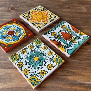 Cute Coasters Mexican Tile Set of 4 - Hacienda Style Talavera Decor - 4 Mixed Design Coaster Set