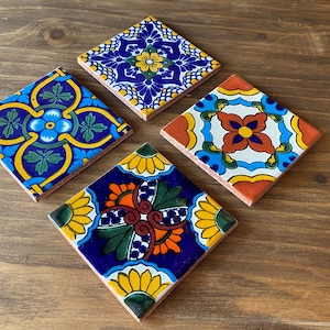 Cute Coasters Mexican Tile Set of 4 - Hacienda Style Talavera Decor - 4 Mixed Design Coaster Set