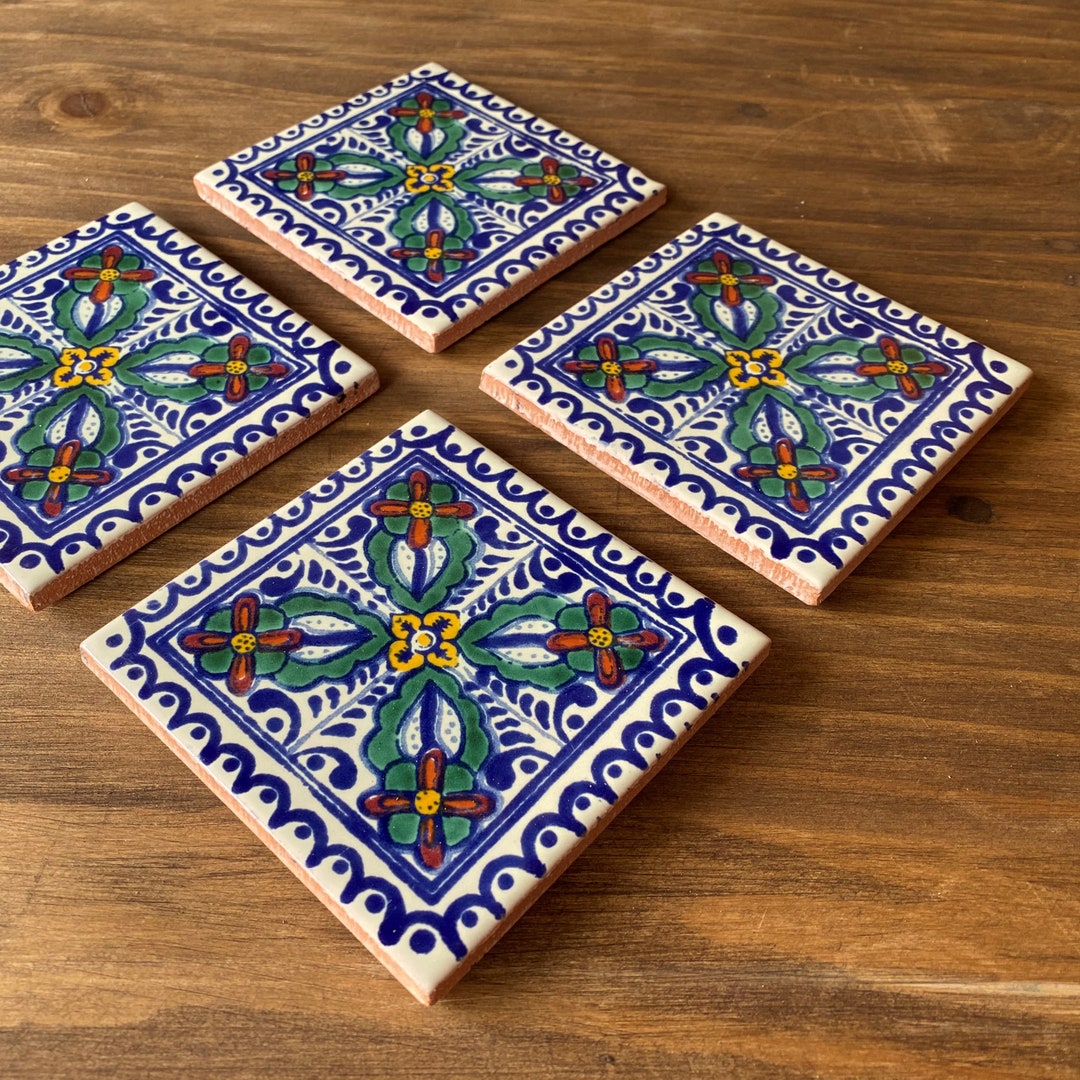Mexico Tile Coasters, Hacienda Style Decor Talavera Tile Coasters Set ...