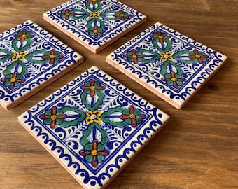 Mexiko-Fliesenuntersetzer, Dekor im Hacienda-Stil, Talavera-Fliesenuntersetzer, 4er-Set