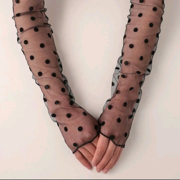 Polka dot arm sleeves, long arm sleeves, mesh arm finger less gloves,arm warmer sleeves