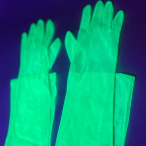 Neon green fluorescent gloves, UV reactive long gloves, Glows under UV light, Rave accessories image 5