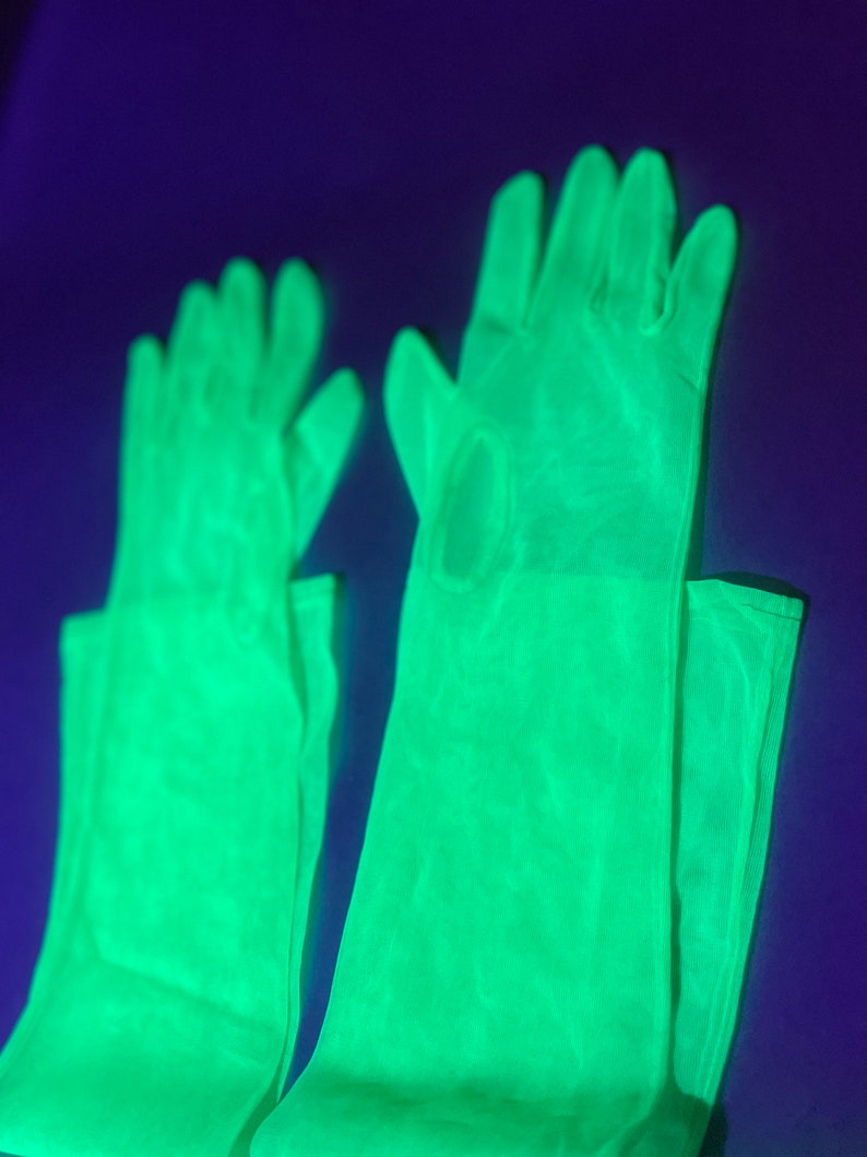 Neon green fluorescent gloves, UV reactive long gloves, Glows under UV light, Rave accessories image 5