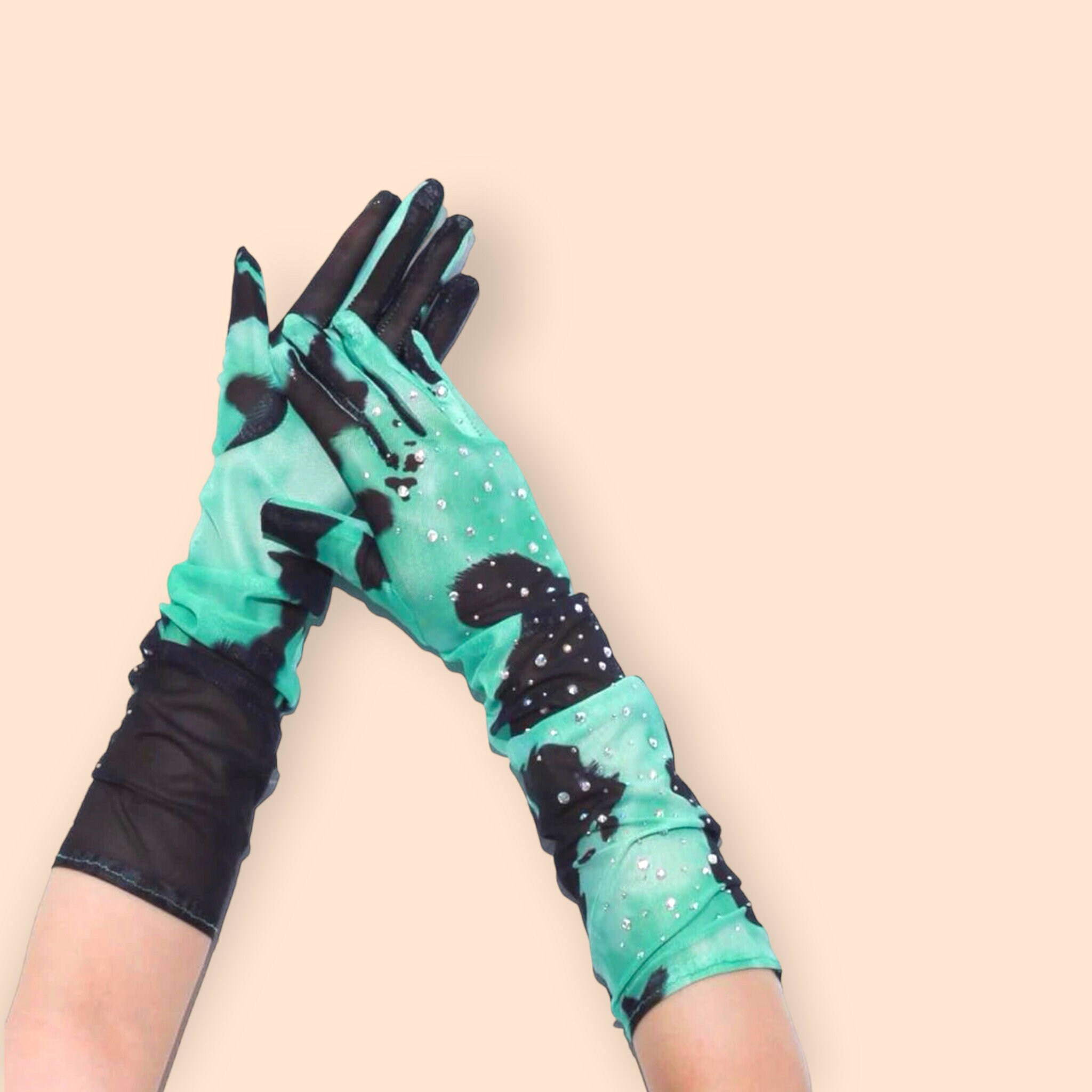Cosmic Galaxy Gloves, Long Rhinestone Fashion Gloves. 