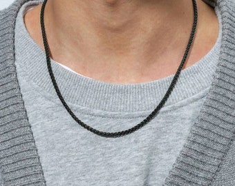 Mens stainless steel black necklace, Mens minimalist chain necklace