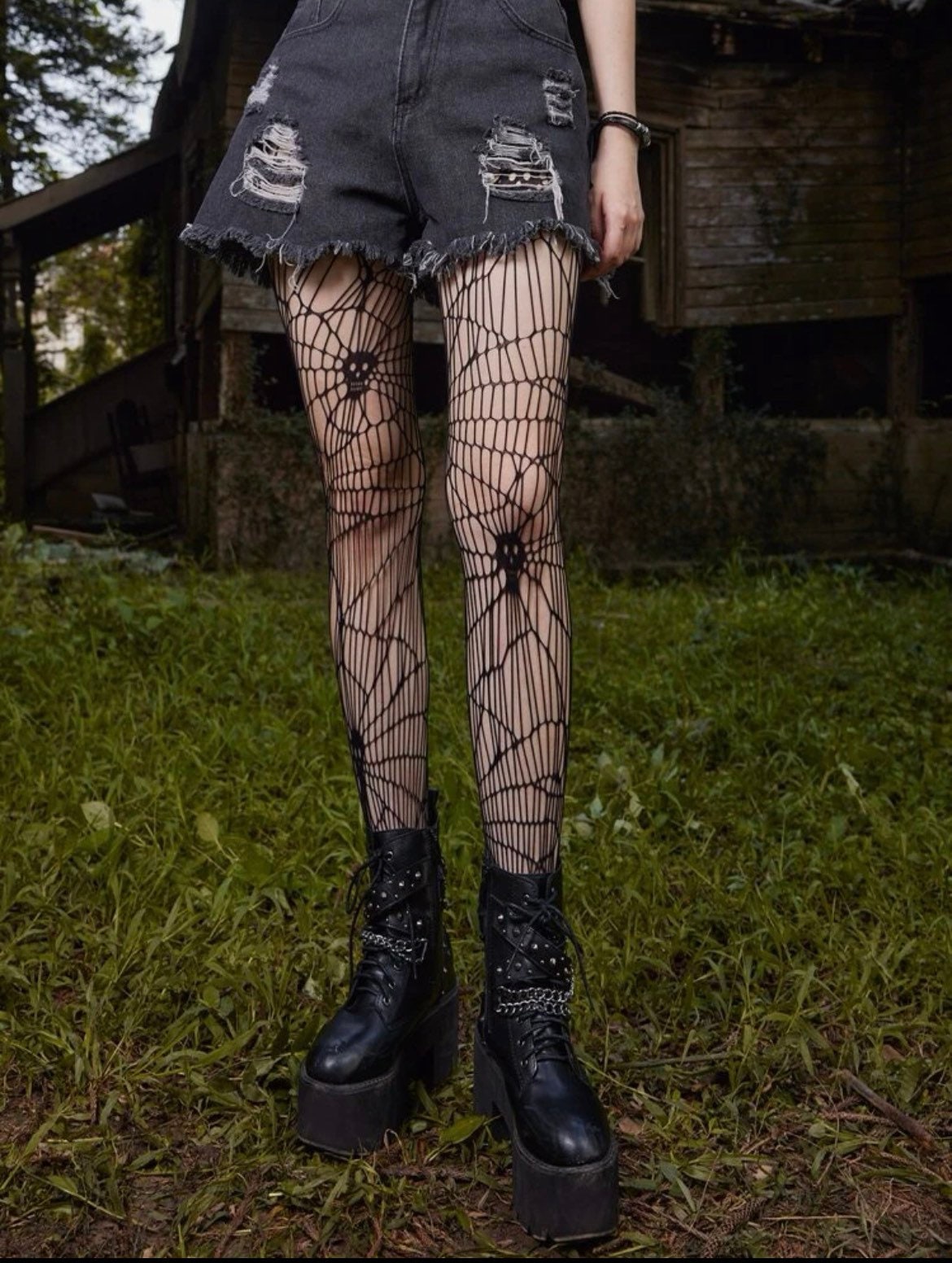 Skulls Star Pattern Fishnet Halloween Tights In MULTI-B