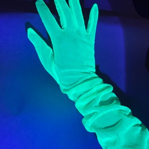 Neon green fluorescent gloves, UV reactive long gloves, Glows under UV light, Rave accessories image 4