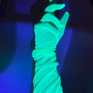 Neon green fluorescent gloves, UV reactive long gloves, Glows under UV light, Rave accessories