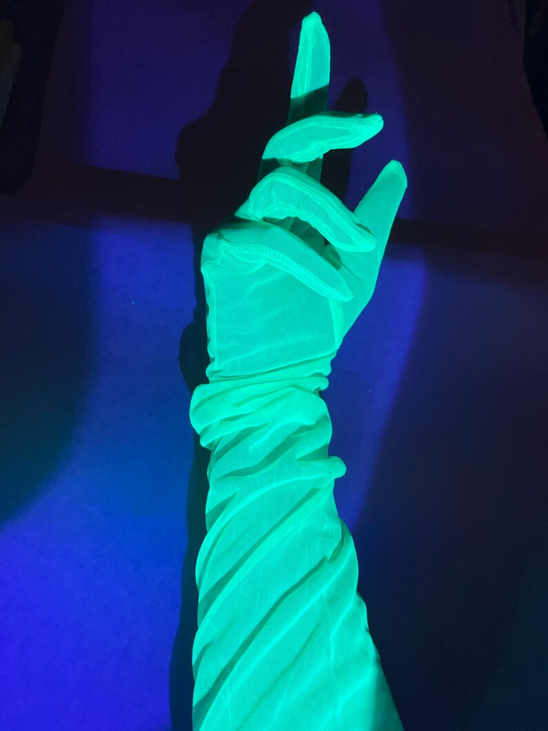 Neon green fluorescent gloves, UV reactive long gloves, Glows under UV light, Rave accessories image 1