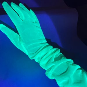 Neon green fluorescent gloves, UV reactive long gloves, Glows under UV light, Rave accessories image 3