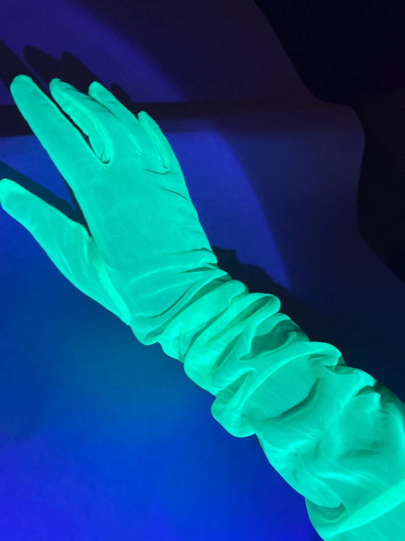 Neon green fluorescent gloves, UV reactive long gloves, Glows under UV light, Rave accessories image 3