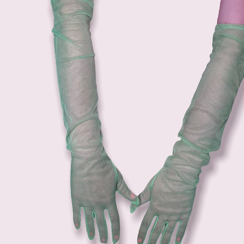 Neon green fluorescent gloves, UV reactive long gloves, Glows under UV light, Rave accessories image 8