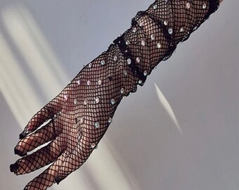 Rhinestone embellished fishnet gloves, Fishnet gloves with AB crystals, Long fishnet gloves