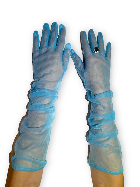 Blue Fashion Gloves, Light Blue Opera Gloves, Sheer Blue Gloves