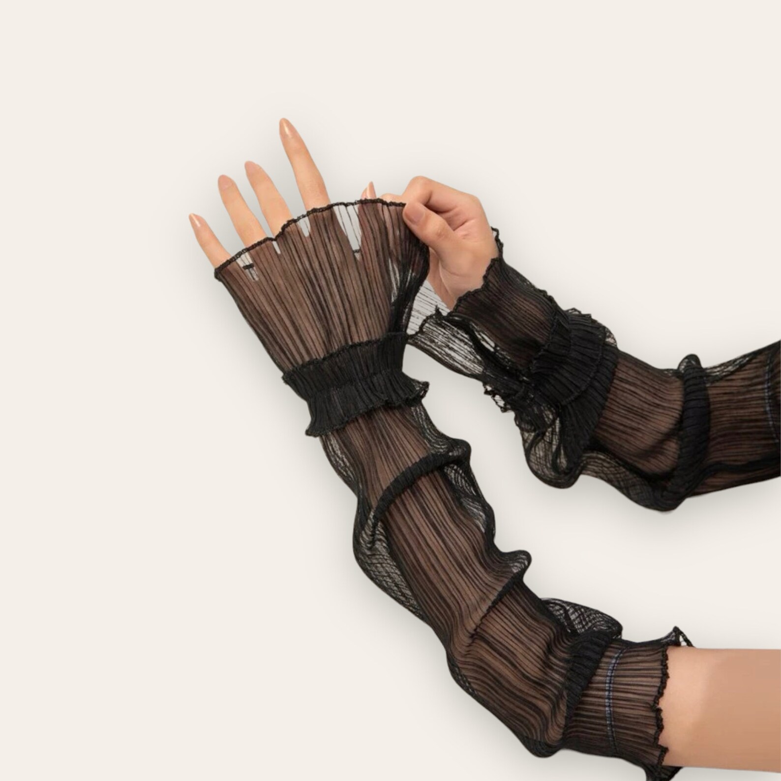 Black Mesh Arm Sleeves Pleated Mesh Finger Less Gloves Etsy