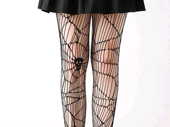 Skull Pattern Fishnet Tights, Black Halloween Tights 