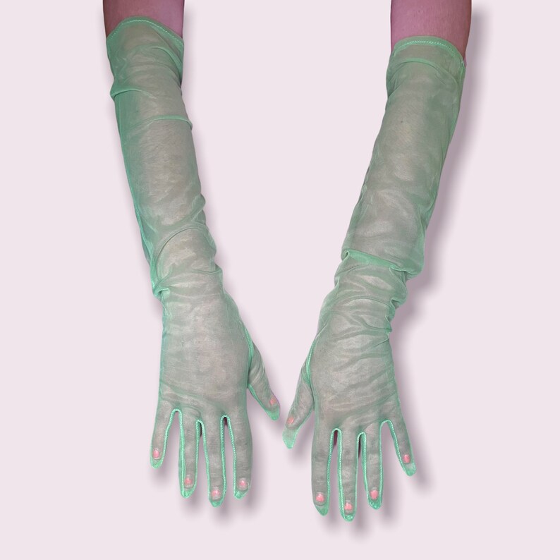 Neon green fluorescent gloves, UV reactive long gloves, Glows under UV light, Rave accessories image 7