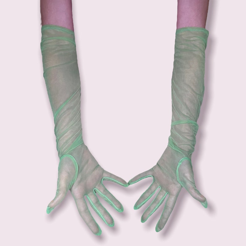 Neon green fluorescent gloves, UV reactive long gloves, Glows under UV light, Rave accessories image 6