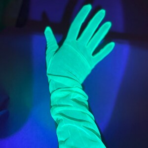 Neon green fluorescent gloves, UV reactive long gloves, Glows under UV light, Rave accessories image 2