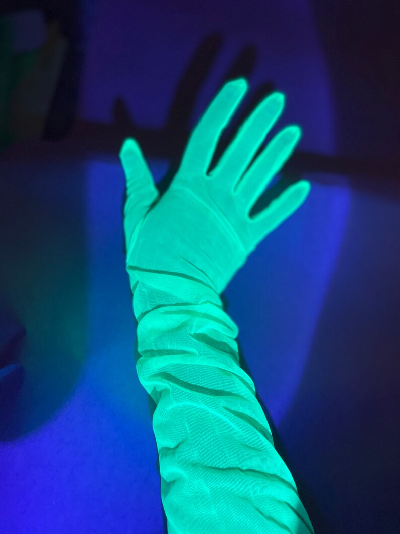 Neon green fluorescent gloves, UV reactive long gloves, Glows under UV light, Rave accessories image 2