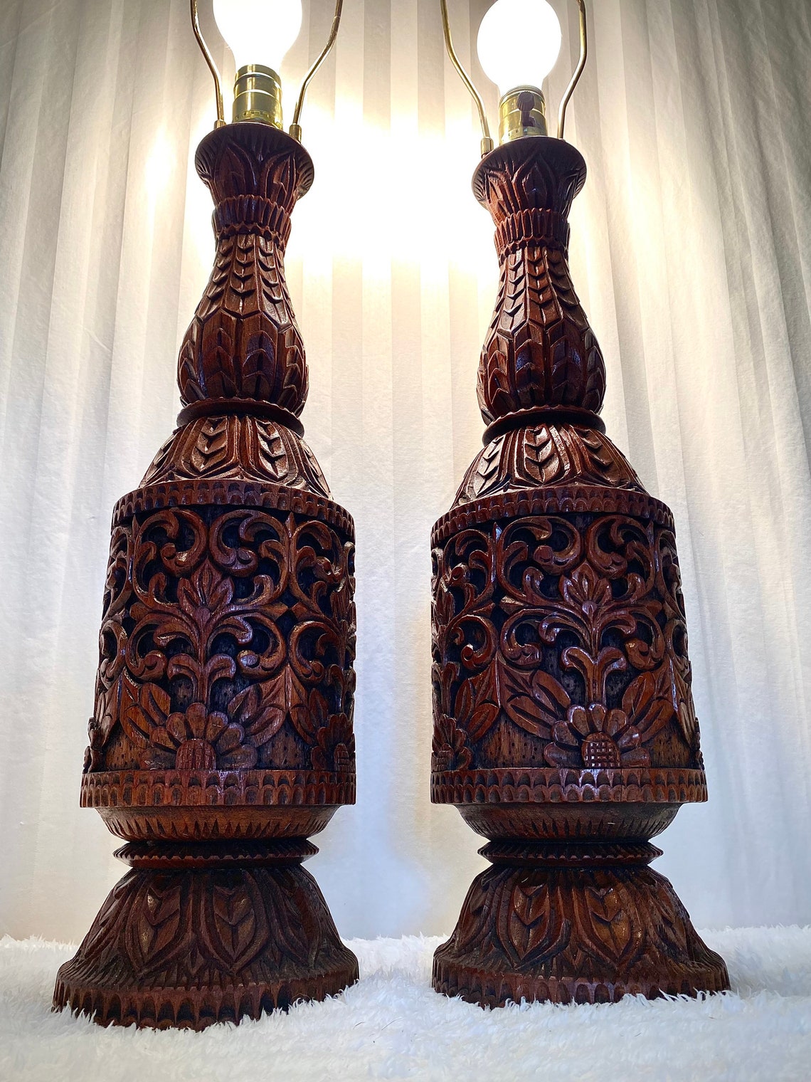 MCM Hand Carved Teak Wood Lamps Etsy