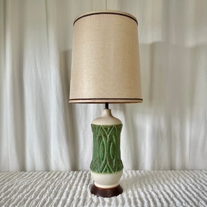 Gorgeous Green Ceramic MCM Table Lamp with Barrel Shade