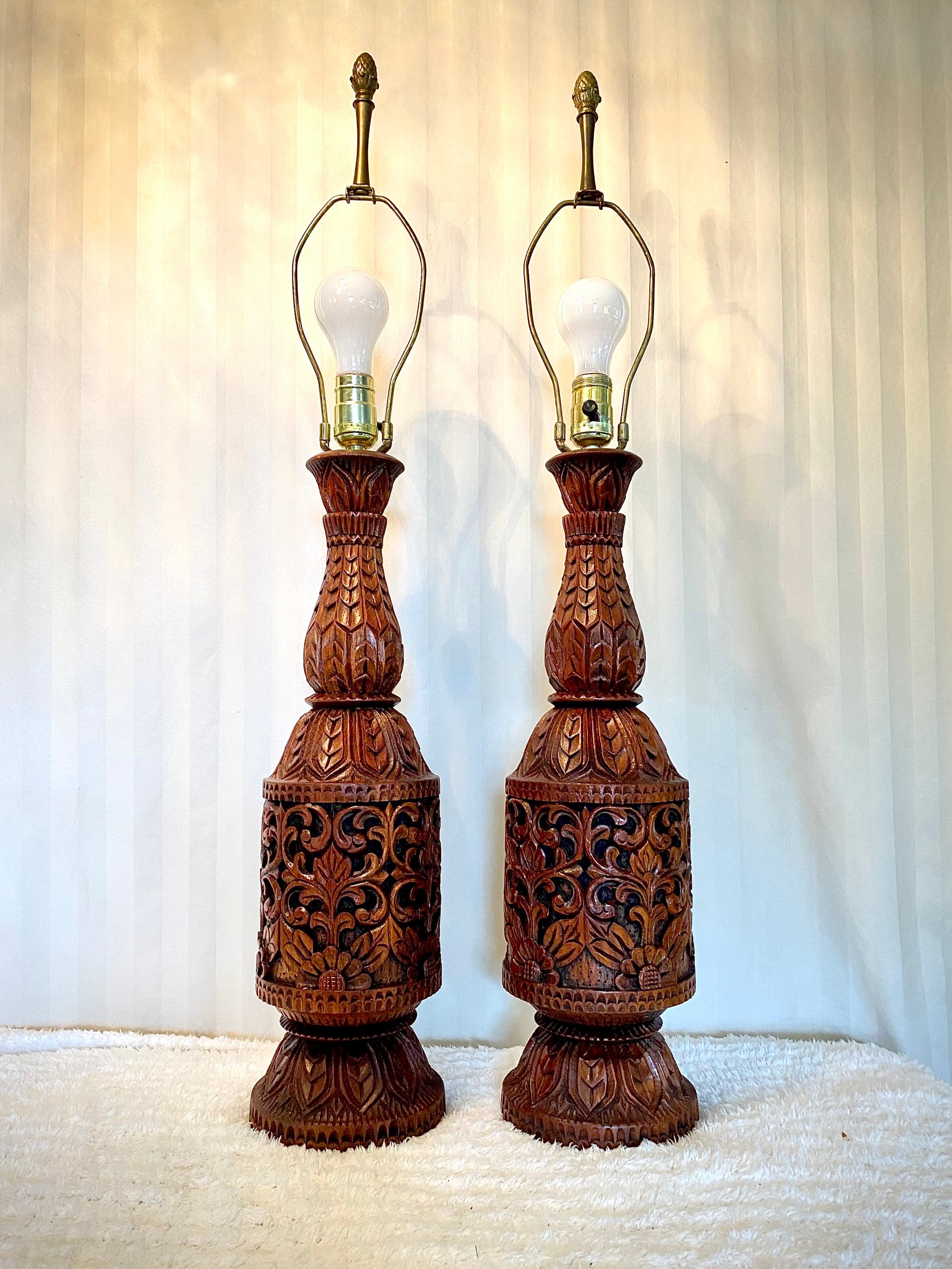 MCM Hand Carved Teak Wood Lamps Etsy