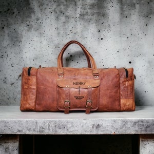Personalized Full Grain Leather Duffle Bag for Men, Leather Weekender Bag Holdall, Overnight Travel Bag, Gifts For Him