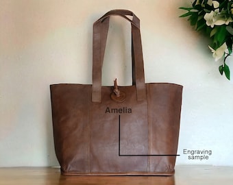 Personalized Brown Leather Tote Bag, Chic Customization for Women, Women's Fashion, Stylish Tote for Her, Unique Gift for Women