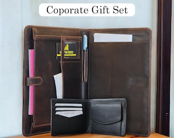May include: A brown leather portfolio with a black leather wallet. The portfolio has a pen holder and a card slot. The wallet has multiple card slots and a billfold.