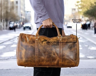 Gepersonaliseerde leren plunjezak, leren weekendtas heren, overnachting reistas, op maat gegraveerd, cadeau bruidsjonkers, luxe sporttas