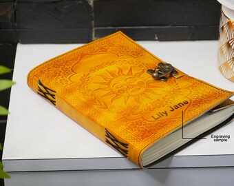 Diario de cuero con relieve de sol, diario de cuero personalizado, cuaderno de bocetos de cuero personalizado, cuaderno de viaje, diario para mujeres y hombres