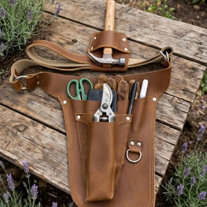 May include: A brown leather tool belt featuring multiple pockets and loops, containing a hammer, pruning shears, green scissors, a black pen, a white marker, and a pair of brown work gloves. The belt is secured with metal rivets and rings.