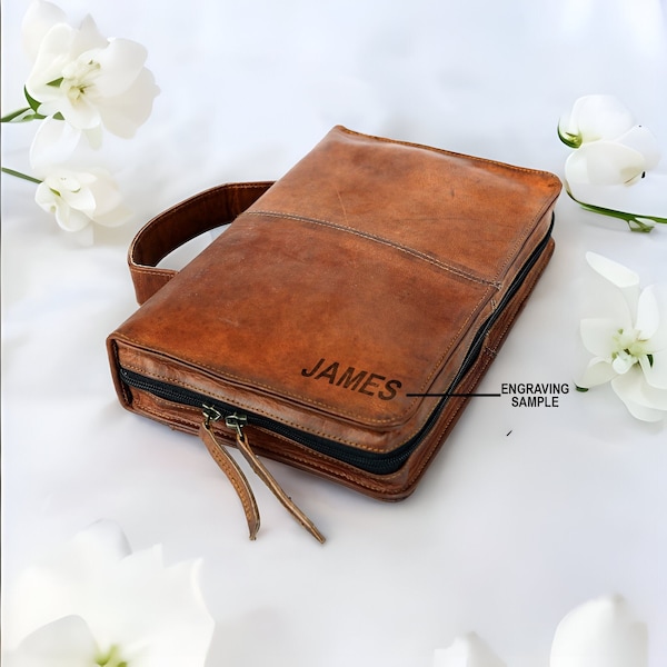 Personalized Leather Cover for Bible , Custom Leather Holy Bible Book Case Cover Christian Gifts for Women and Men, Cover with Zip & Handle