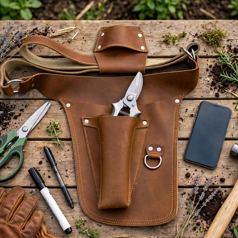 May include: A brown leather tool belt featuring a central holster pocket, silver-toned metal rivets, and a D-ring attachment. The belt includes an adjustable strap with a buckle, designed to hold gardening tools securely around the waist.