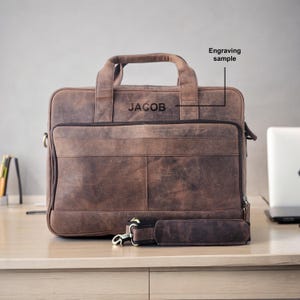 Sacoche personnalisée en cuir pour ordinateur portable 16 pouces - Porte-documents messager pour homme et femme - Bandoulière réglable, 3 compartiments, poches zippées, sac de bureau