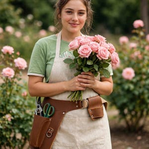 May include: A beige apron featuring a brown leather tool belt with two pockets, one containing green-handled pruning shears. The apron is worn over a green t-shirt, and a bouquet of light pink roses is held in front of the chest area.