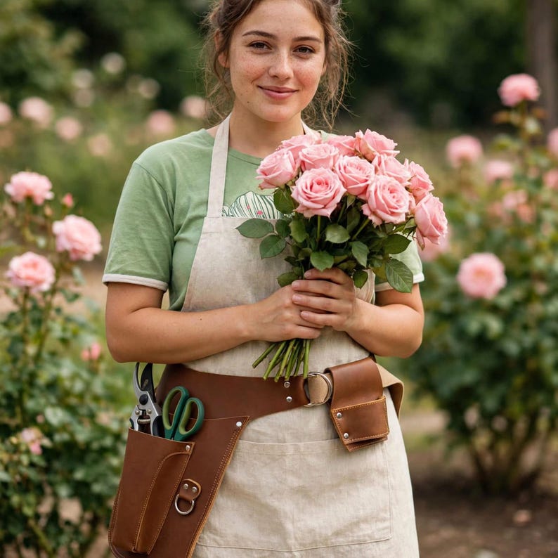 May include: A beige apron featuring a brown leather tool belt with two pockets, one containing green-handled pruning shears. The apron is worn over a green t-shirt, and a bouquet of light pink roses is held in front of the chest area.