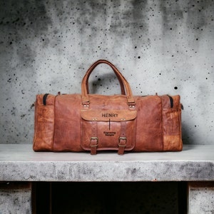 Monogrammed Leather Weekender Bag Brown|Personalized Leather Duffle Travel Bag Men|Carry-On Luggage Bag|Leather Holdall Christmas Gift Ideas