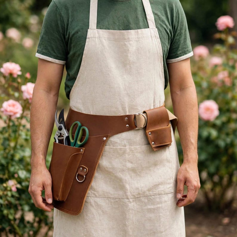 May include: A beige linen apron worn over a dark green t-shirt, featuring a brown leather tool belt with a holster containing green-handled shears and a separate small leather pouch, secured with a metal D-ring buckle at the waist.