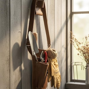 May include: A tan leather gardening tool belt hanging from a hook, featuring multiple pockets containing a metal hand trowel, red-handled pruning shears, a ball of twine, and a pair of tan leather work gloves tucked into the side.